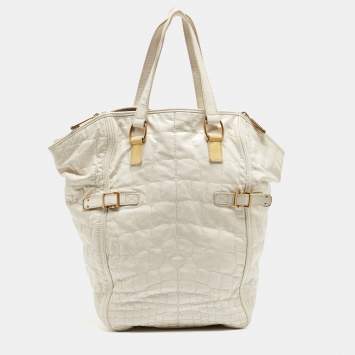 Pre Owned Yves Saint Laurent Off White Croc Embossed Patent Leather Large Downtown Tote