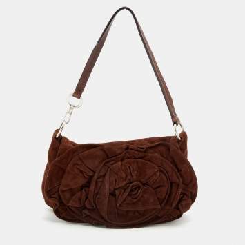Pre Owned Yves Saint Laurent Dark Brown Suede And Leather Nadja Rose Petal Baguette