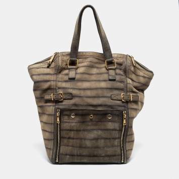 Pre Owned Yves Saint Laurent Olive Green Croc Embossed Nubuck Leather Large Downtown Tote