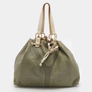 Pre Owned Yves Saint Laurent Pale Green/Cream Leather Double Sac Y Tote