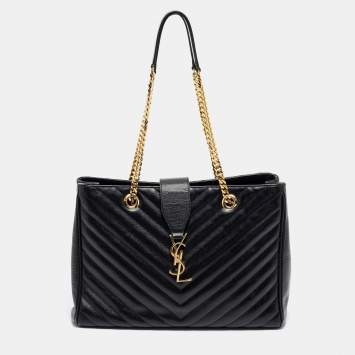 Pre Owned Saint Laurent Black Matelassé Leather Classic Monogram Shopping Tote