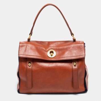 Pre Owned Yves Saint Laurent Brown/Navy Blue Leather and Suede Medium Muse Two Top Handle Bag