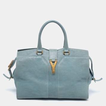 Pre Owned Yves Saint Laurent Pale Blue Leather Medium Cabas Chyc Tote