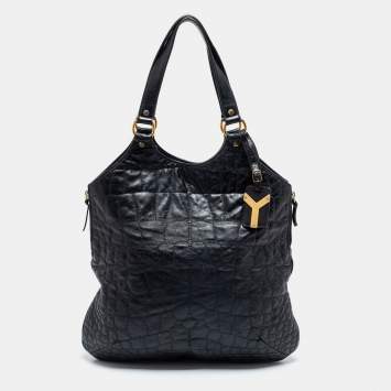 Pre Owned Yves Saint Laurent Black Croc Embossed Leather Tribute Tote