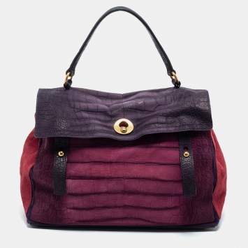 Pre Owned Yves Saint Laurent Multicolor Croc Embossed Leather and Suede Large Muse Two Top Handle Bag