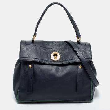 Pre Owned Yves Saint Laurent Navy Blue/Green Leather and Canvas Muse Two Top Handle Bag