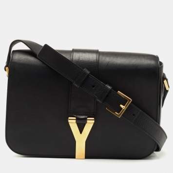 Pre Owned Yves Saint Laurent Black Leather Y-Ligne Flap Shoulder Bag