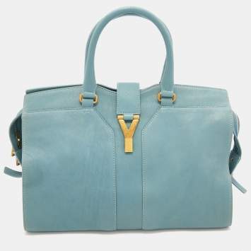Pre Owned Yves Saint Laurent Pale Blue Leather Medium Cabas Chyc Tote