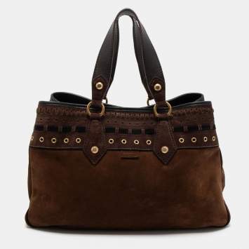 Pre Owned Yves Saint Laurent Brown Suede Eyelet Embellished Tote