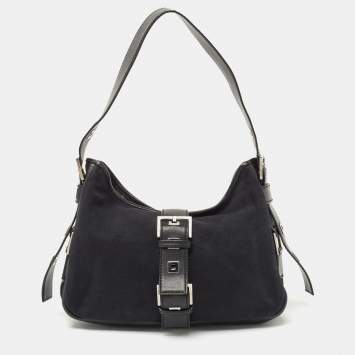 Pre Owned Yves Saint Laurent Black Canvas and Leather Buckle Flap Baguette Bag