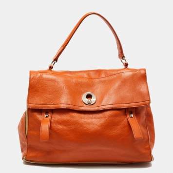 Pre Owned Yves Saint Laurent Orange/Beige Leather and Canvas Muse Two Top Handle Bag
