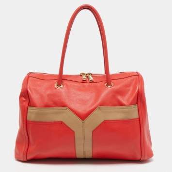 Pre Owned Yves Saint Laurent Red/Beige Leather Lucky Chyc Bowler Bag