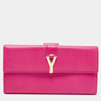 Pre Owned Yves Saint Laurent Pink Leather Ligne Y Charm Flap Wallet 