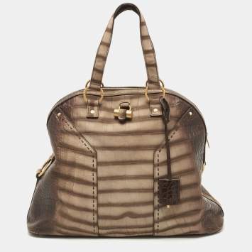 Pre Owned Yves Saint Laurent Khaki Green Croc Embossed Leather Oversized Muse Bag
