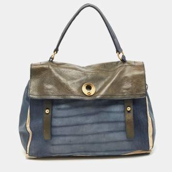 Pre Owned Yves Saint Laurent Navy Blue/Green Croc Embossed Suede and Leather Muse Two Top Handle Bag