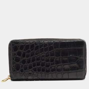 Pre Owned Yves Saint Laurent Black Alligator Zip Around Wallet