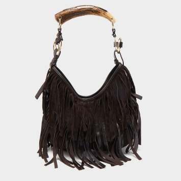 Pre Owned Yves Saint Laurent Dark Brown Leather and Suede Mombasa Fringe Hobo
