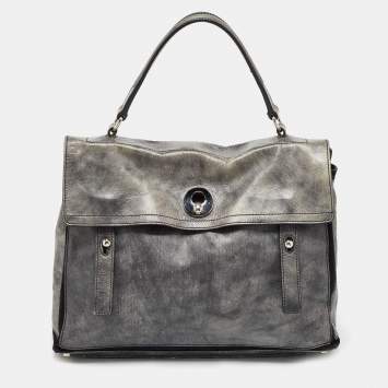 Pre Owned Yves Saint Laurent Grey/Black Leather and Suede Large Muse Two Top Handle Bag