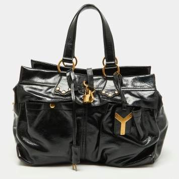 Pre Owned Yves Saint Laurent Black Patent Leather Front Pocket Satchel
