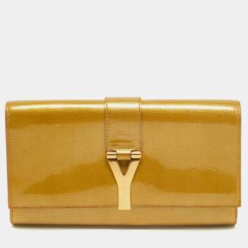 Pre Owned Yves Saint Laurent Gold Patent Y Line Flap Clutch