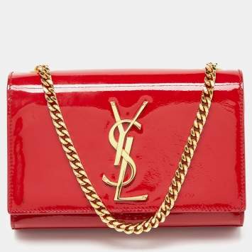 Pre Owned Saint Laurent Red Patent Leather Small Monogram Kate Chain Bag