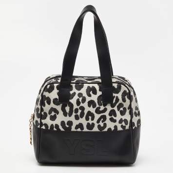 Pre Owned Yves Saint Laurent Black/White Leopard Print Coated Canvas and Leather Satchel