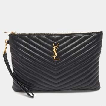 Pre Owned Saint Laurent Black Matelassé Leather Monogram Wristlet Pouch