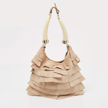 Pre Owned Yves Saint Laurent Light Beige Suede Small St. Tropez Double Horn Hobo