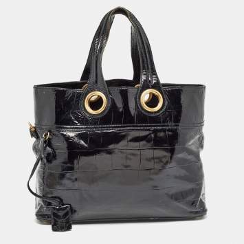 Pre Owned Yves Saint Laurent Black Croc Embossed Patent Leather Sac Palma Tote