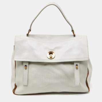 Pre Owned Yves Saint Laurent White/Brown Leather and Suede Large Muse Two Top Handle Bag