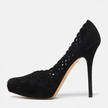 Pre Owned  Yves Saint Laurent Black Cut Out Suede Platform Pumps Size 38.5