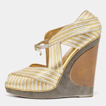 Pre Owned Yves Saint Laurent Gold/Silver Leather and Suede Peep Toe Wedge Pumps 37.5