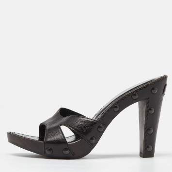 Pre Owned Yves Saint Laurent Black Leather Open Toe Studded Heel Slide Sandals Size 40