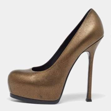 Pre Owned Yves Saint Laurent Gold Leather Tribtoo Platform Pumps Size 39