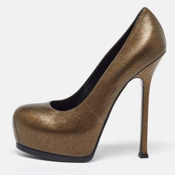 Pre Owned Yves Saint Laurent Gold/Black Textured Leather Tribtoo Pumps Size 37.5