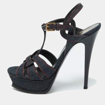 Pre Owned Yves Saint Laurent Blue Denim and Leather Platform Sandals Size 38.5