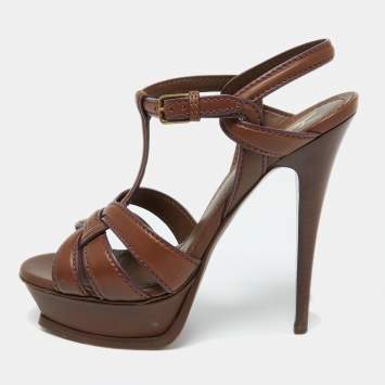 Pre Owned Yves Saint Laurent Brown Leather Tribute Platform Sandals Size 38