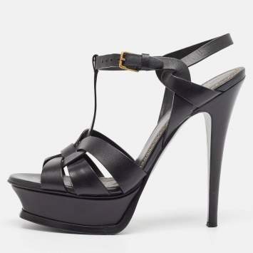 Pre Owned Yves Saint Laurent Black Leather Tribute Ankle Strap Sandals Size 37