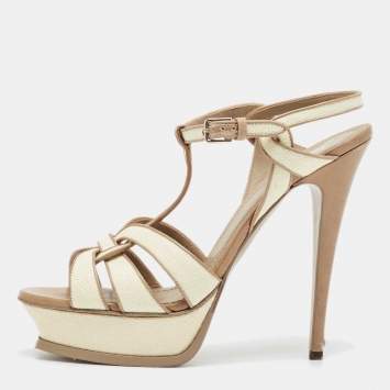 Pre Owned Yves Saint Laurent Cream/Brown Raffia and Leather Tribute Sandals Size 41