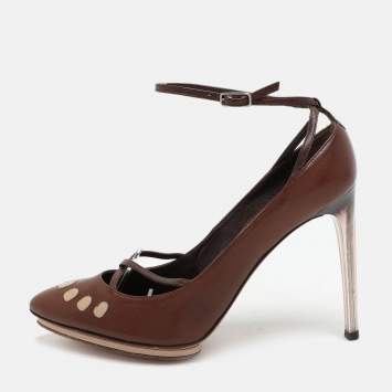 Pre Owned Yves Saint Laurent Brown Leather Ankle Strap Pumps Size 37.5