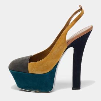 Pre Owned Yves Saint Laurent Yellow/Grey Suede Platform Slingback Pumps Size 37.5