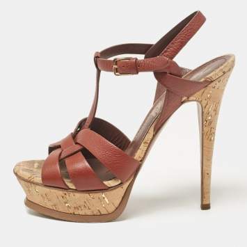 Pre Owned Saint Laurent Brown Leather Tribute Platform Sandals Size 38