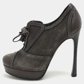 Pre Owned Yves Saint Laurent Grey Brogue Leather and Suede Janis Booties Size 37.5