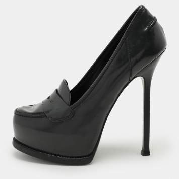 Pre Owned Yves Saint Laurent Grey Leather Tribtoo Platform Loafer Pumps Size 37.5