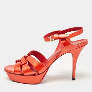 Pre Owned Yves Saint Laurent Orange Patent Leather Tribute Sandals Size 39