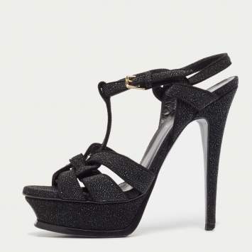 Pre Owned Yves Saint Laurent Black Glitter Suede Tribute Platform Sandals Size 36.5