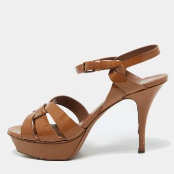 Pre Owned Yves Saint Laurent Brown Patent Leather Tribute Platform Sandals Size 40.5