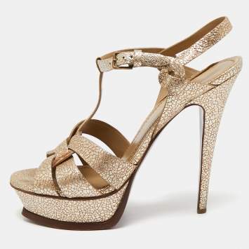 Pre Owned Yves Saint Laurent Gold Texture Leather Platform Sandals Size 39.5