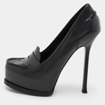 Pre Owned Yves Saint Laurent Grey Leather Tribtoo Platform Loafer Pumps Size 37