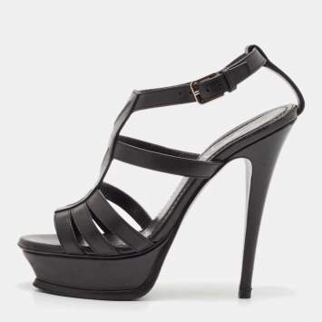 Pre Owned Saint Laurent Black Leather New Riveg Platform Sandals Size 36